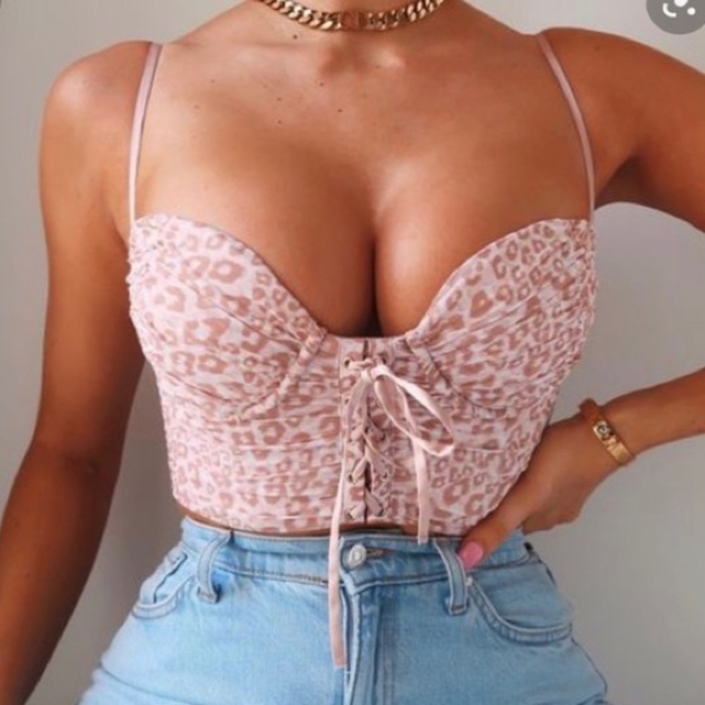 Oh Polly Run Free Leopard Print Mesh Corset Top in Beige Pink y2k animal print